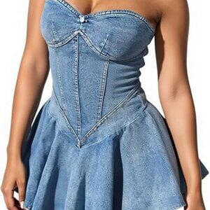 Women's Denim Dress Sexy Off Shoulder Strapless Bustier Corset Tub Pleated Mini